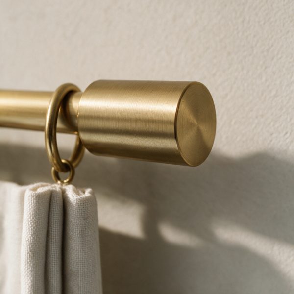 Satin gold cylinder end cap on a cream 12 mm curtain rod