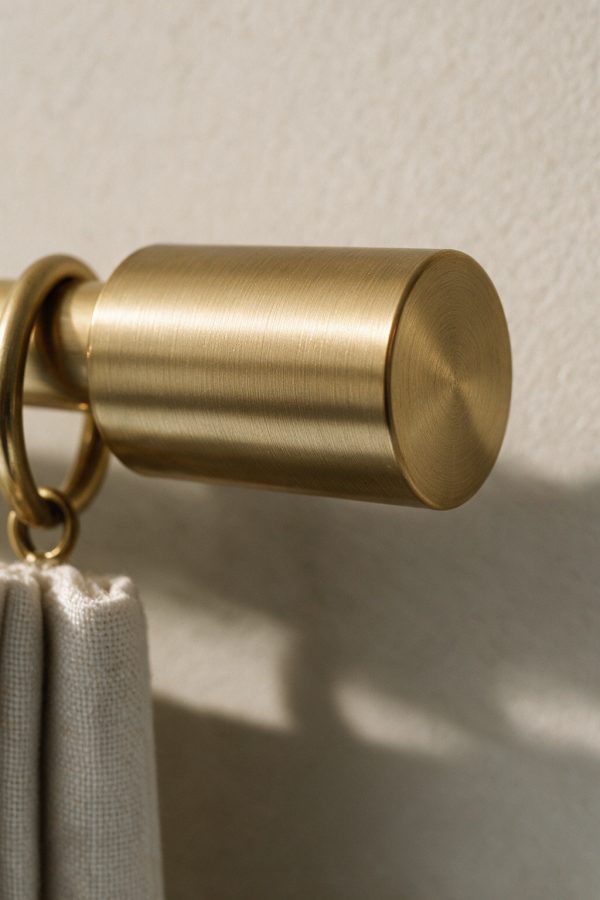 Satin gold cylinder end cap on a cream 12 mm curtain rod